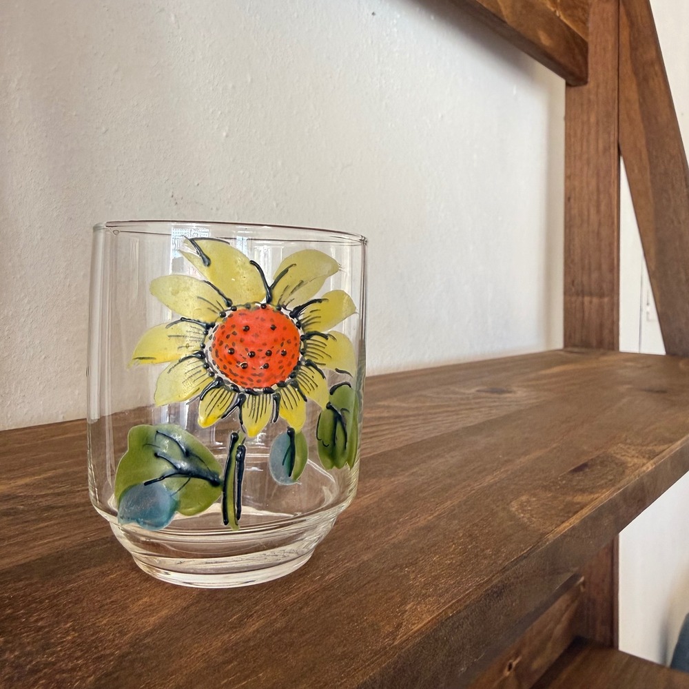 Hand Painted‎ Sunflower Drinking Glass Tumbler Clear Glass Floral Juice Cup 3"